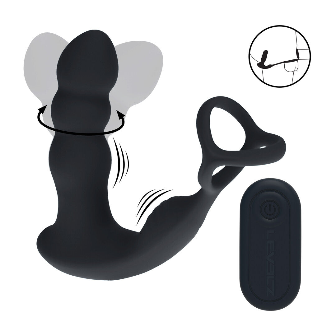 Levelz Dual Vibrating Remoe Rotating Head Silicone Prostate Stimulator With Cock and Ball Ring