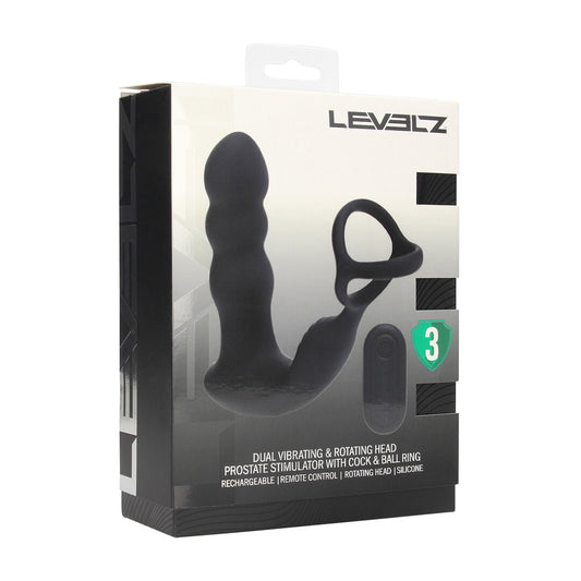 Levelz Dual Vibrating Remoe Rotating Head Silicone Prostate Stimulator With Cock and Ball Ring